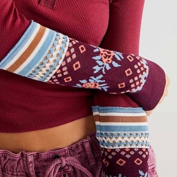 NWT Free People Boho Mikah Layering Long Cuff Top Blouse Henley Wine Combo XL - Picture 3 of 7